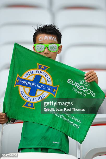 Northern Ireland supporters during Group-C preliminary round between Poland and Northern Ireland at Allianz Riviera Stadium on June 12, 2016 in Nice,...