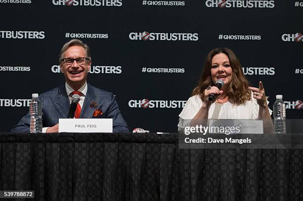 Director/writer Paul Feig and actress Melissa McCarthy speak during the "Ghostbusters" press conference held at the ArtScience Museum at Marina Bay...