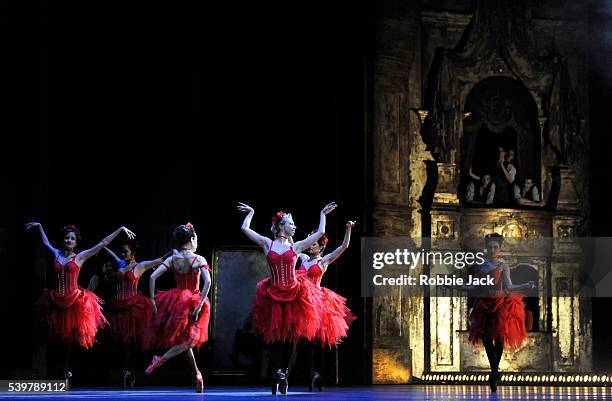 Artists of the company in the Royal Ballet's production of Liam Scarlett's Sweet Violets at the Royal Opera House Covent Garden in London.
