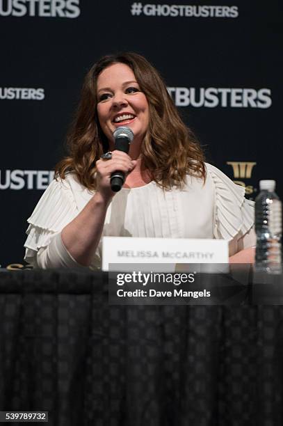 Actress Melissa McCarthy speaks during the "Ghostbusters" press conference held at the ArtScience Museum at Marina Bay Sands on June 13, 2016 in...