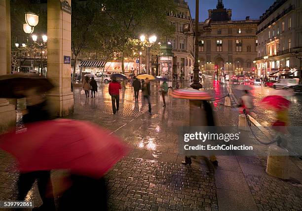 people with umbrellas at center of paris - palais royal stockfoto's en -beelden