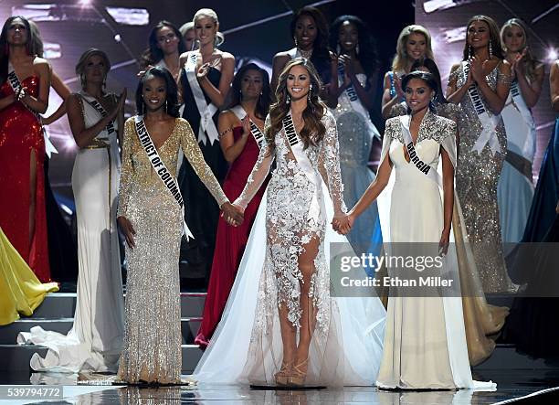 The top three finalsts, Miss District of Columbia USA 2016 Deshauna Barber, Miss Hawaii USA 2016 Chelsea Hardin and Miss Georgia USA 2016 Emanii...