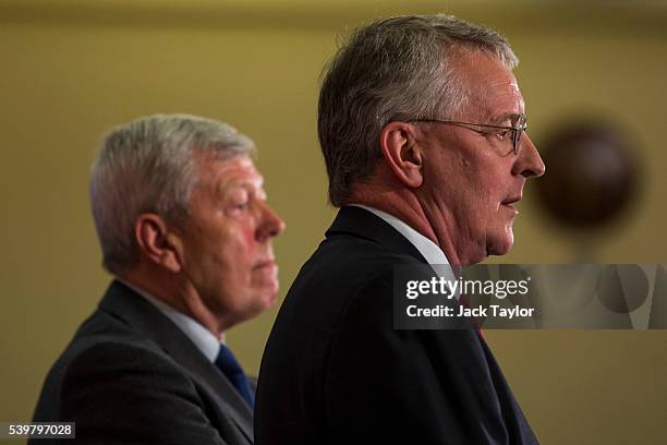 Shadow Foreign Secretary Hilary Benn and former Foreign Secretary Alan Johnson respond to a question from the audience at Church House on June 13,...