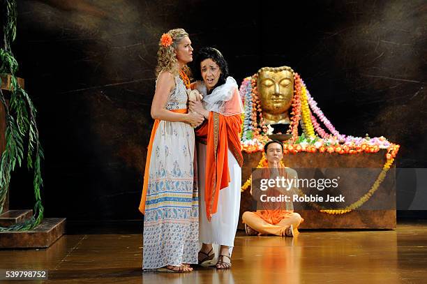 Ruby Hughes as Argene and Rosa Bove as Aristea with the actor Junichi Kajioka in Garsington Opera's production of Antonio Vivaldi's L'Olimpiade...