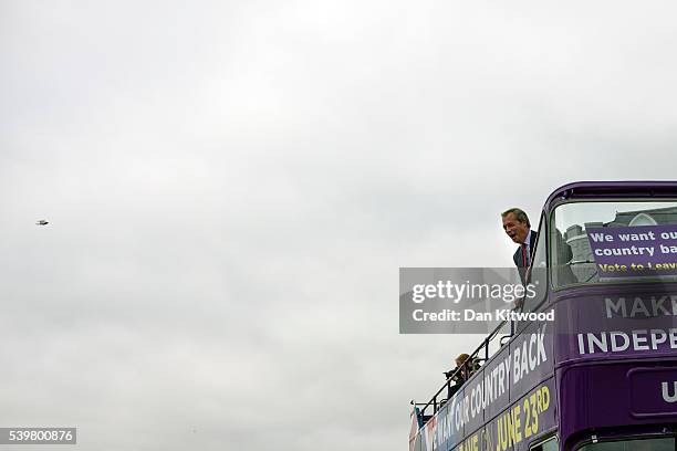 Leader Nigel Farage arrives in Ramsgate for a walk about on June 13, 2016 in Ramsgate, England. Mr Farage will be spending the day driving around the...