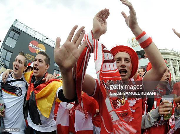 German and Austrian fans celebrate in Vienna's fanzone before the group B Euro 2008 match Austria vs. Germany on June 16, 2008 in Vienna. AFP...
