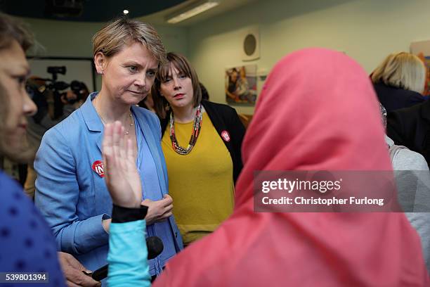 MPs Yvette Cooper and Jess Phillips talk to staff at Palfrey Sure Start Centre as they join the Labour In battle bus to campaign in the West Midlands...