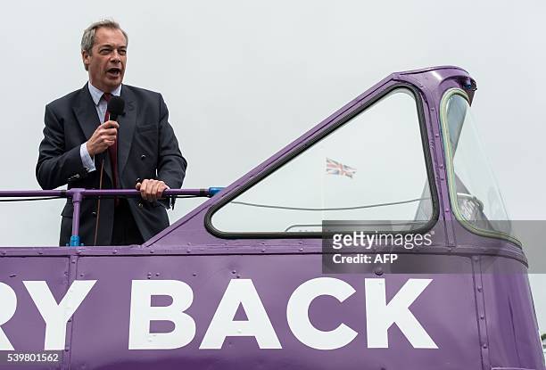 Independence Party leader Nigel Farage goes on the campaign trail for Brexit in Ramsgate on June 13, 2016. Britain's opposition Labour Party today...