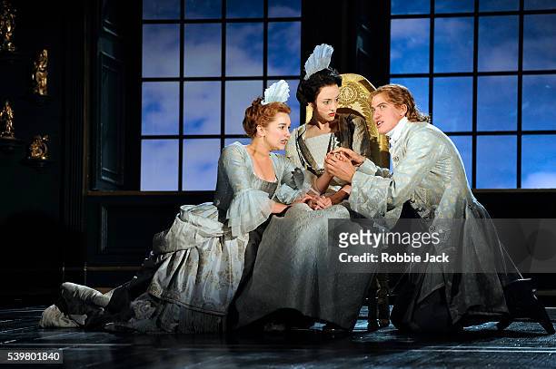 Alice Haig as Hermia, Hedydd Dylan as Helena and Matt Barber as Lysander in Henry Purcell's The Fairy Queen directed by Jonathan Kent and conducted...