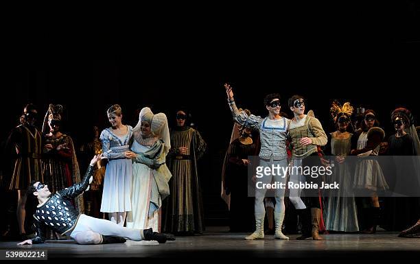 Piotr Stanczyk as Mercutio, Heather Ogden as Juliet,Lorna Geddes as Nurse, Guillaume Cote as Romeo and Robert Stephen as Benvolio with artists of the...