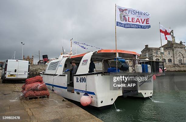 Pro-Brexit flag flies on a fishing boat as a crew member washes their catch as UK Independence Party leader Nigel Farage visits Ramsgate on June 13,...