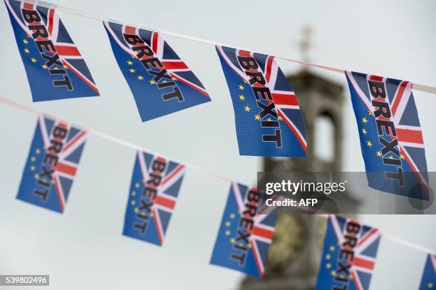 Pro-Brexit flags fly from a fishing boat moored in Ramsgate on June 13, 2016. - Britain's opposition Labour Party today scrambled to make the case...