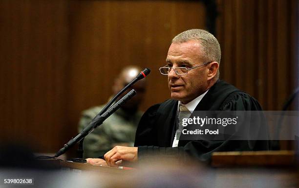 South African chief state prosecutor Gerrie Nel, speaks during the sentencing hearing f Oscar Pistorius at North Gauteng High Court on June 13, 2016...