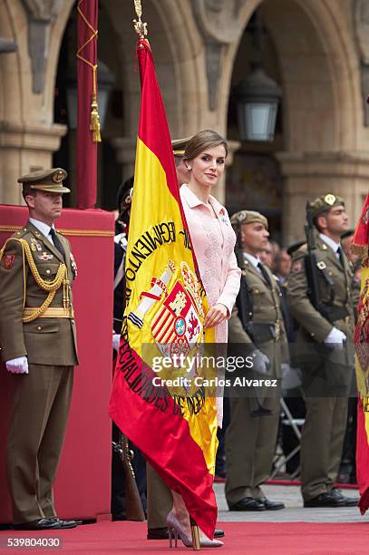 Queen Letizia of Spain delivers a new National Flag to Speciality of Engineers Regiment Number 11 on June 13, 2016 in Salamanca, Spain.