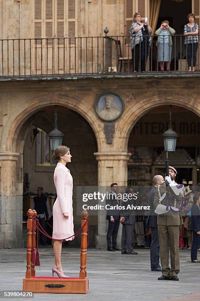 Queen Letizia of Spain delivers a new National Flag to Speciality of Engineers Regiment Number 11 on June 13, 2016 in Salamanca, Spain.
