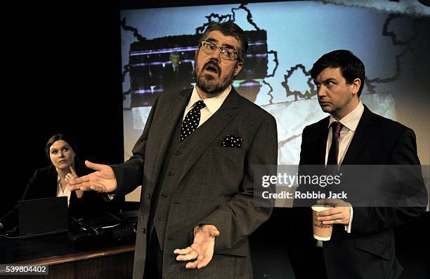 Jessica Regan as Claudia Hood, Phill Jupitus as Rt Hon Sir Francis Whitford MP and Thom Tuck as Rt Hon Matt Cooper MP in Robert Khan and Tom...