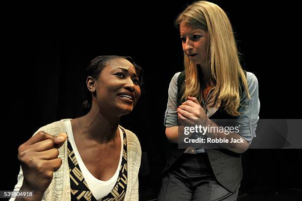 Vanessa Donovan as Hermione St.Cloud and Liza Binkley as Elizabeth Granger in Presidential Suite written and directed by John Binkley at C Venue as...