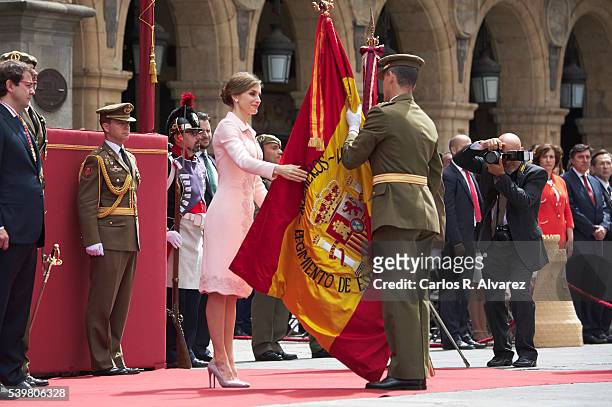 Queen Letizia of Spain delivers a new National Flag to Speciality of Engineers Regiment Number 11 on June 13, 2016 in Salamanca, Spain.