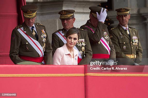 Queen Letizia of Spain delivers a new National Flag to Speciality of Engineers Regiment Number 11 on June 13, 2016 in Salamanca, Spain.