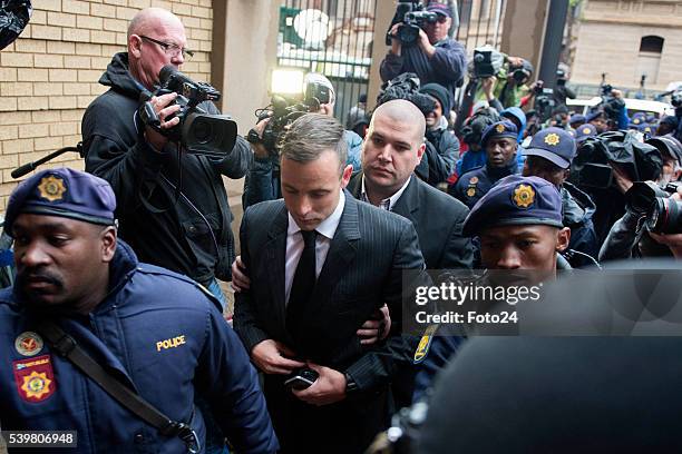 Convicted murderer Oscar Pistorius arrives at North Gauteng High Court for his sentencing proceedings on June 13, 2016 in Pretoria, South Africa....