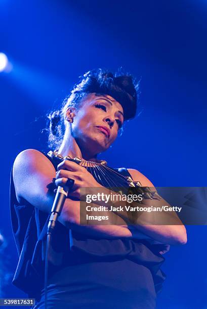 Belgian-Congolese musician Marie Daulne leads her group, Zap Mama, as they perform at the 12th Annual GlobalFest on the Ballroom Stage at Webster...