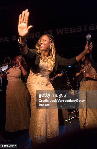 American musician Alexis Jones, on lead vocals, performs with the Jones Family Singers at the 12th Annual GlobalFest on the Studio Stage at Webster...