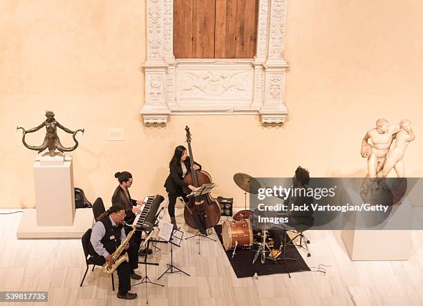Malaysian-American composer and musician Linda Oh plays upright acoustic bass as she leads her quartet as they perform at 'Jazz and Colors at the...