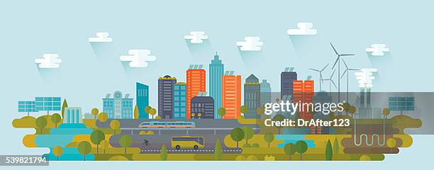 smart green city using alternative energy sources - public transport stock illustrations