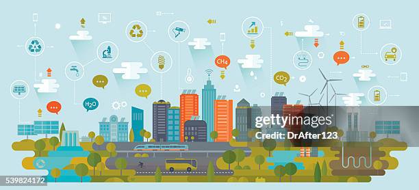 illustrazioni stock, clip art, cartoni animati e icone di tendenza di smart città verde con icone di fonti energetiche alternative, - intelligenza
