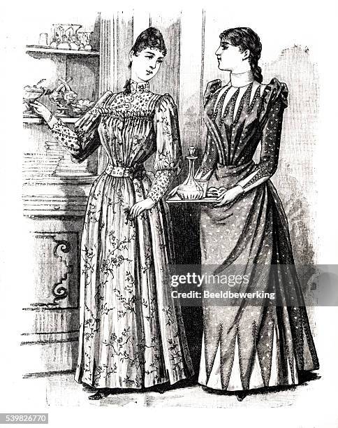 ilustraciones, imágenes clip art, dibujos animados e iconos de stock de dos mujeres en vestido de patrón flores parís fashion grabado 1890 - mujer moda 1890