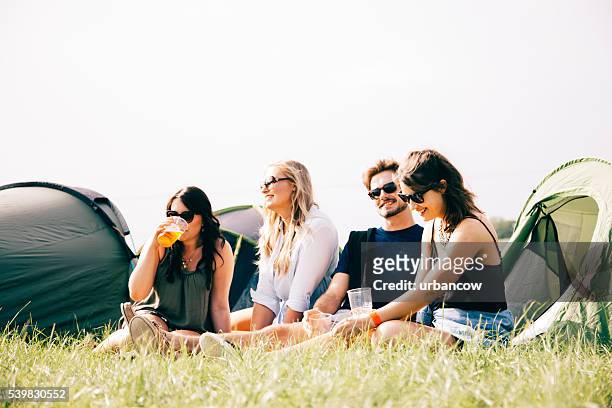 amis à un festival - small group sitting in grass photos et images de collection