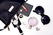 Top view of female trendy accessories for woman.