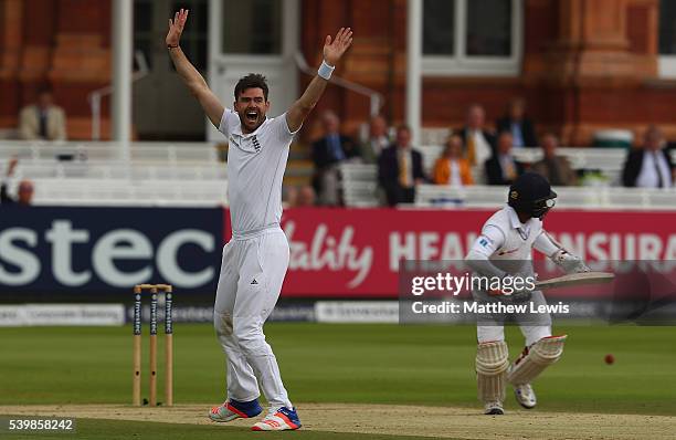 James Anderson of England celebrates bowling of Kaushal Silva Sri Lanka for LBW during day five of the 3rd Investec Test match between England and...