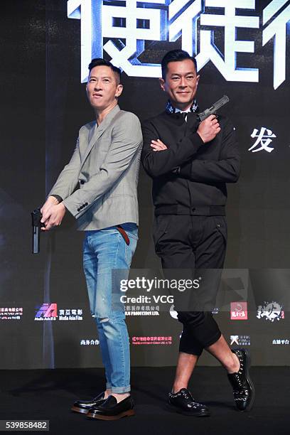 Actor Nick Cheung Ka-fai and actor Louis Koo attend the press conference of director Jazz Boon's film "Line Walker" during the 19th Shanghai...