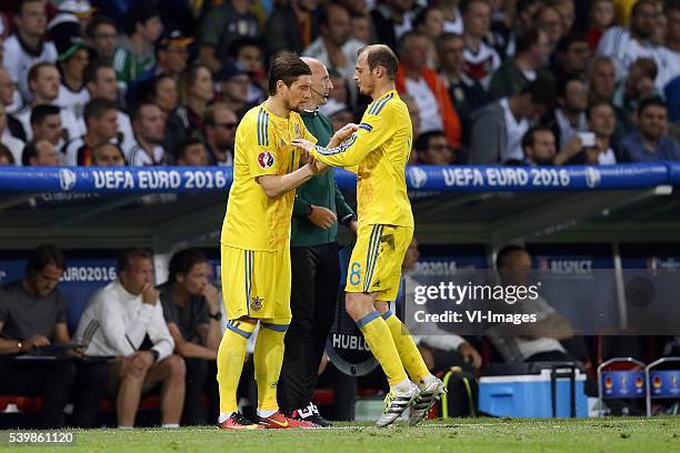 Yevhen Seleznyov of Ukraine, Roman Zozulya of Ukraine during the UEFA EURO 2016 Group C group stage match between Germany and Ukraine at the SStade...