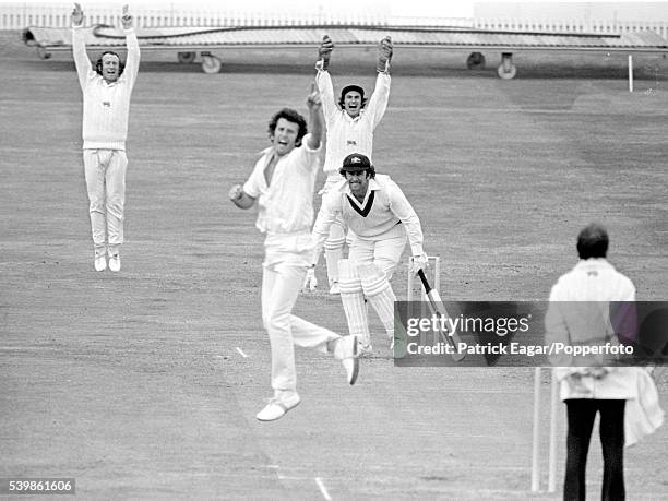 England players Keith Fletcher at slip, bowler John Snow and wicketkeeper Alan Knott appeal for the wicket of Ian Chappell of Australia during the...