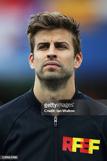 Gerard Pique of Spain is seen prior to the UEFA EURO 2016 Group D match between Spain and Czech Republic at Stadium Municipal on June 13, 2016 in...
