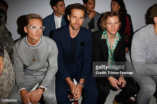 Oliver Proudlock and Dougie Poynter attend the Katie Eary show during The London Collections Men SS17 at BFC Show Space on June 13, 2016 in London,...