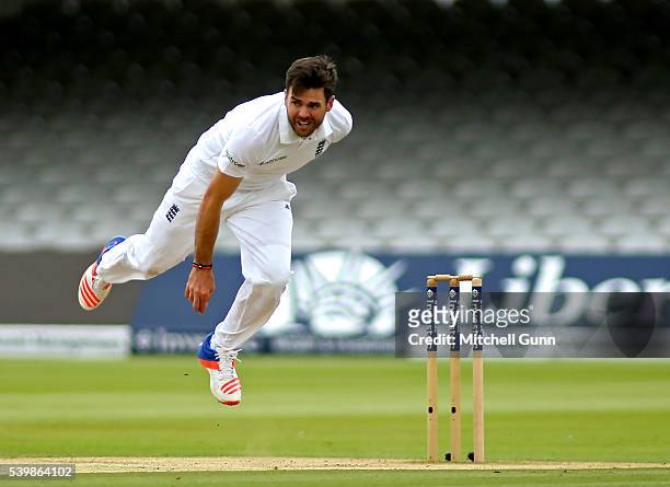 James Anderson of England bowling during day five of the 3rd Investec Test match between England and Sri Lanka at Lords Cricket Ground on June 13,...