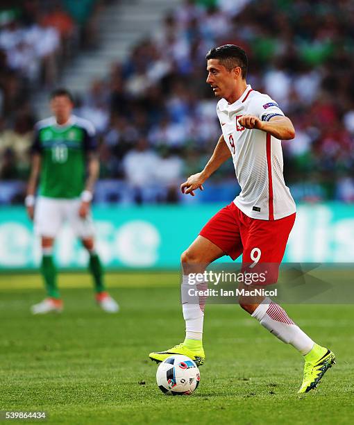 Robert Lewandowski of Poland controls the ball during the UEFA EURO 2016 Group C match between Poland v Northern Ireland at Allianz Riviera Stadium...