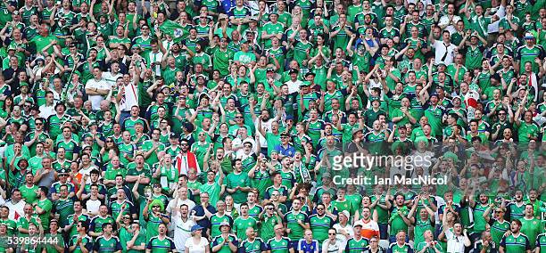 Northern Irish fans enjoy the atmosphere during the UEFA EURO 2016 Group C match between Poland v Northern Ireland at Allianz Riviera Stadium on June...