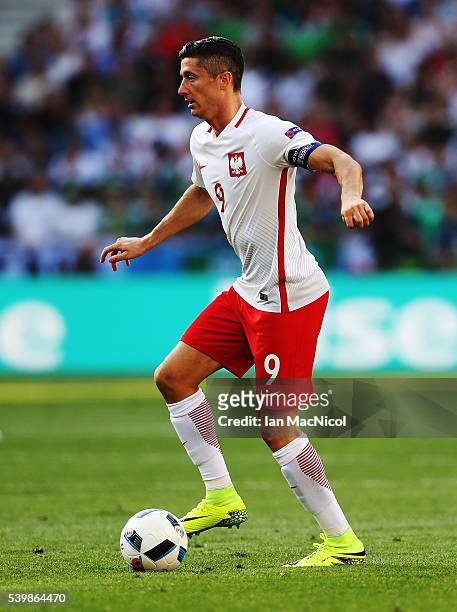 Robert Lewandowski of Poland controls the ball during the UEFA EURO 2016 Group C match between Poland v Northern Ireland at Allianz Riviera Stadium...