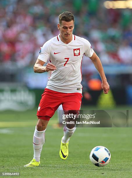 Arkadiusz Milik of Poland controls the ball during the UEFA EURO 2016 Group C match between Poland v Northern Ireland at Allianz Riviera Stadium on...