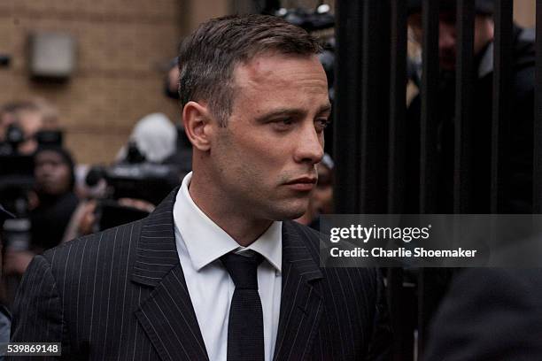 Oscar Pistorius leaves the North Gauteng High Court after the finish of his first of sentencing on June 13, 2016 in Pretoria, South Africa. Having...