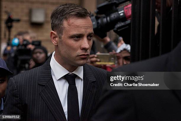 Oscar Pistorius leaves the North Gauteng High Court after the finish of his first of sentencing on June 13, 2016 in Pretoria, South Africa. Having...