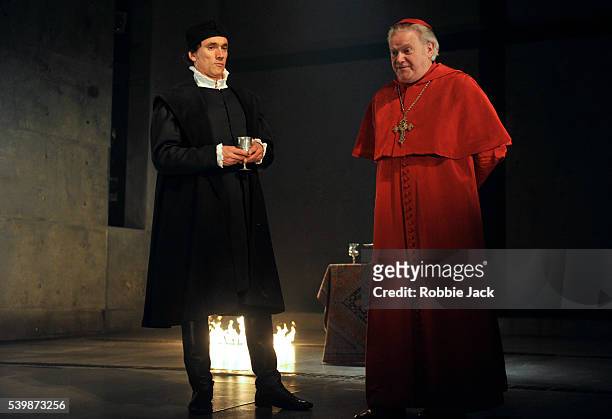 Ben Miles as Thomas Cromwell and Paul Jesson as Cardinal Wolsey in the Royal Shakespeare Company's production of Hilary Mantel's Wolf Hall directed...