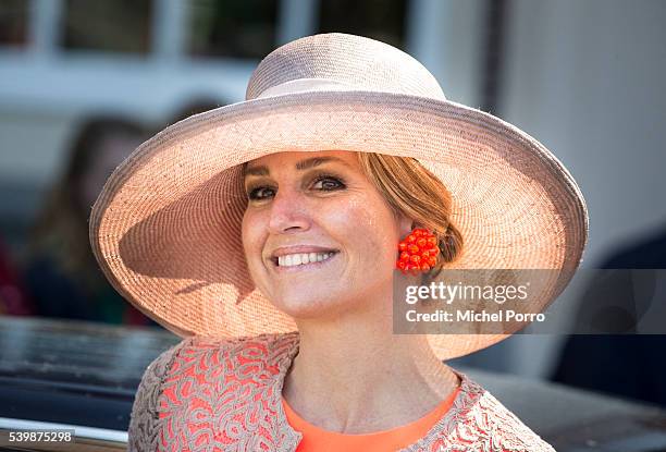 Queen Maxima of The Netherlands leaves the mayor's office during her regional tour of north west Friesland province on June 4 2016 in Harlingen,...