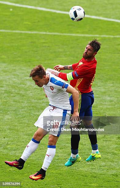 Sergio Ramos of Spain and Josef Sural of Czech Republic compete for the ball during the UEFA EURO 2016 Group D match between Spain and Czech Republic...