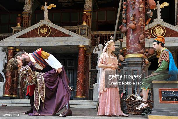 Hattie Ladbury as Adriana, Simon Harrison as Antipholus of Syracuse, Becci Gemmell as Luciana and Jamie Wilkes as Dromio of Ephesus in William...