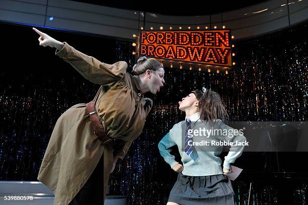 Damian Humbley as Trunchbull and Christina Bianco as Matilda in Gerard Alessandrini's Forbidden Broadway directed by Philip George at the Vaudeville...